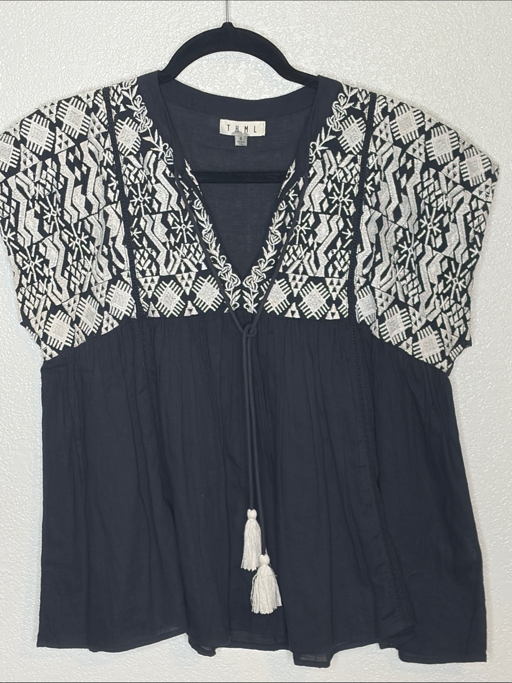 THML Black & White Embroidered Cotton Boho Blouse Top Tassels Oversized Size Sm